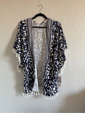 NWT La Blanca Navy White Tassel Kimono Swim Cover Up One Size